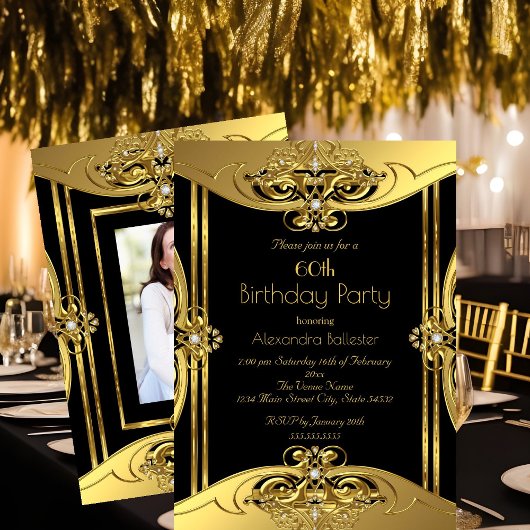 Elegant 60e verjaardag Foto Gold Black Kaart