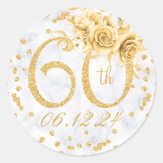 Elegant 60e verjaardag Glam Marble Gold Ronde Sticker (Voorkant)