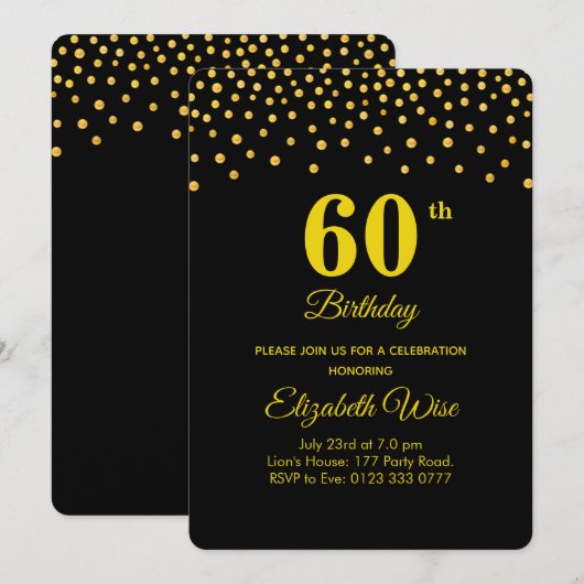 Elegant 60e verjaardag & gouden Confetti op zwart Kaart (Voorkant / Achterkant)