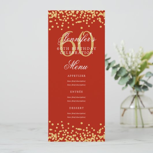 Elegant 60e verjaardag Menu Gold Red Confetti Kaart (Staand voorkant)