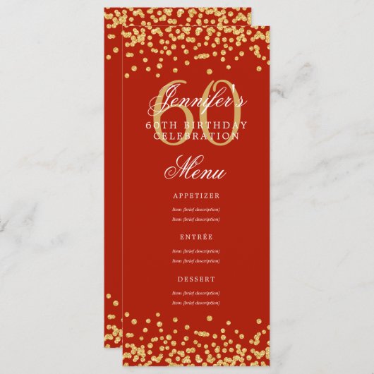 Elegant 60e verjaardag Menu Gold Red Confetti Kaart (Voorkant / Achterkant)