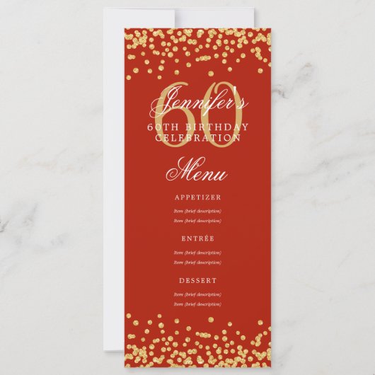 Elegant 60e verjaardag Menu Gold Red Confetti Kaart (Voorkant)