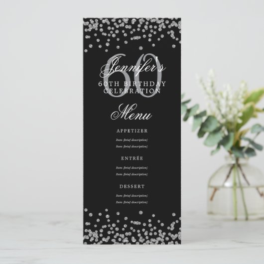 Elegant 60e verjaardag Menu Zilver Zwart Confetti Kaart (Staand voorkant)