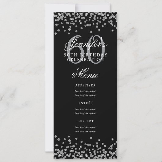 Elegant 60e verjaardag Menu Zilver Zwart Confetti Kaart (Voorkant)