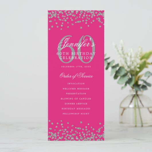 Elegant 60e verjaardag programma Zilver Hot Pink (Staand voorkant)