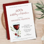 Elegant 60e verjaardag Red Wine Surprise Party Kaart<br><div class="desc">Elegant 60th Birthday Red Wine Surprise Birthday Party Invitation. Uitnodiging voor het 60ste verjaardagsfeest voor haar of hem. Uitnodiging met een rood wijnglas, rozen en twijgen op een witte achtergrond. De tekst is volledig aanpasbaar - personaliseer de tekst met jouw naam, elke leeftijd - 30e 40e 70e 90e 100e, datum...</div>