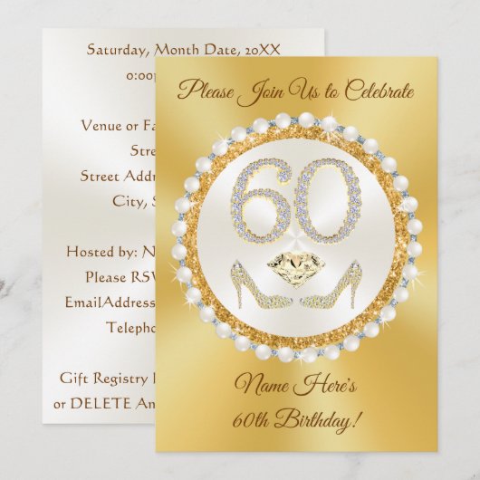 Elegant, 60e verjaardag Uitnodigingen voor haar, A (Voorkant / Achterkant)