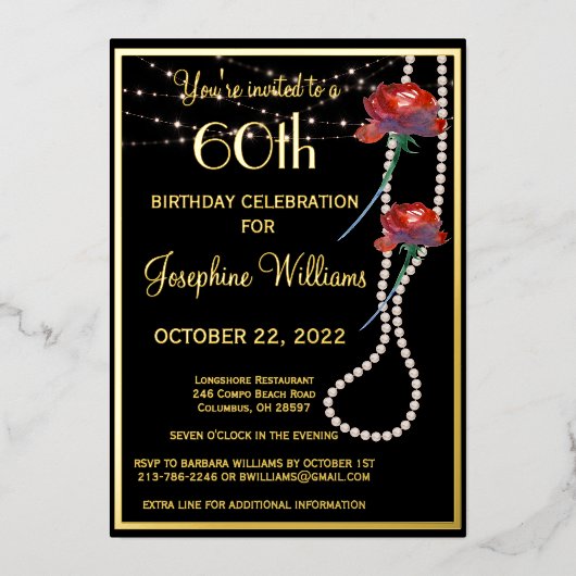 Elegant 60e verjaardag zwart goud folie uitnodiging (Voorkant)