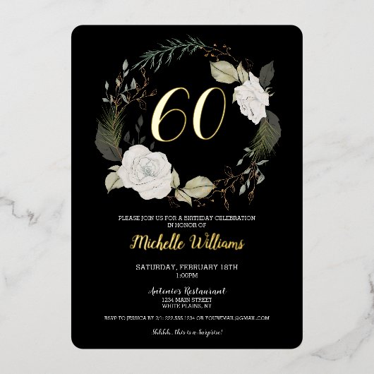 Elegant 60e verjaardagsfeestje bloemenkrans goud folie uitnodiging (Voorkant)