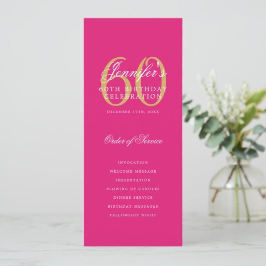 Elegant 60e verjaardagsfeestprogramma Hot Pink Gol Kaart (Staand voorkant)