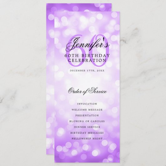 Elegant 60e verjaardagsprogramma Paarse Bokeh Kaart (Voorkant / Achterkant)