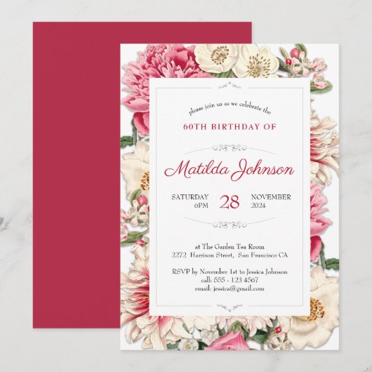 Elegant 60th Birthday Floral Botanical Custom Kaart (Voorkant / Achterkant)