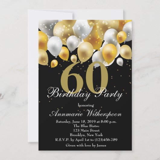 Elegant 60th Birthday Invitation Gold Balloons Kaart (Voorkant)