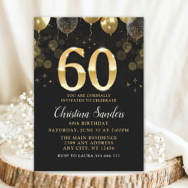 Elegant 60th Birthday Invitation with Gold Ballons Kaart