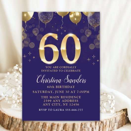 Elegant 60th Birthday Invitation with Gold Ballons Kaart