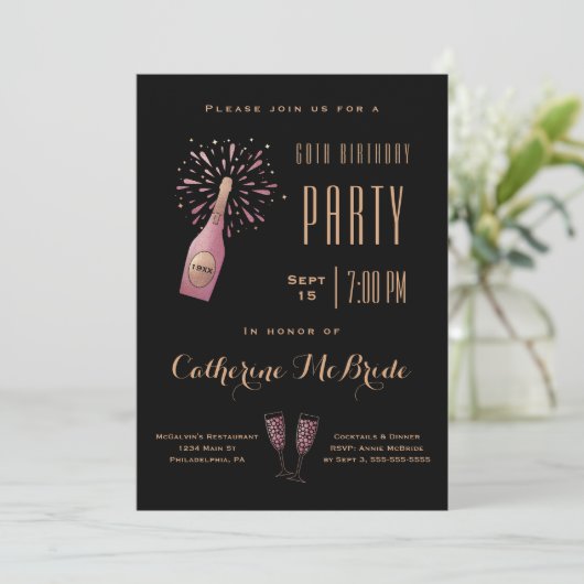 Elegant 60th Birthday Party Black Gold Champagne Kaart (Staand voorkant)