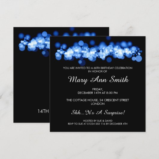 Elegant 60th Birthday Party Blue Bokeh Lights Kaart (Voorkant / Achterkant)