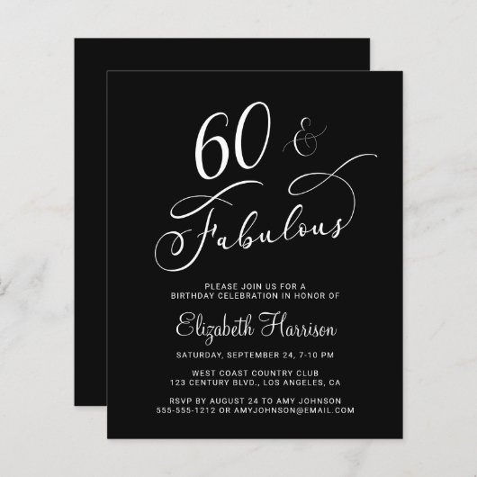 Elegant 60th Birthday Party Budget Invitation (Voorkant / Achterkant)