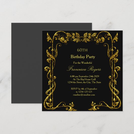 Elegant 60th Birthday Party Gold Black Uitnodiging (Voorkant / Achterkant)