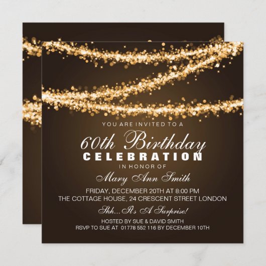 Elegant 60th Birthday Party Gold String Lights Kaart (Voorkant / Achterkant)
