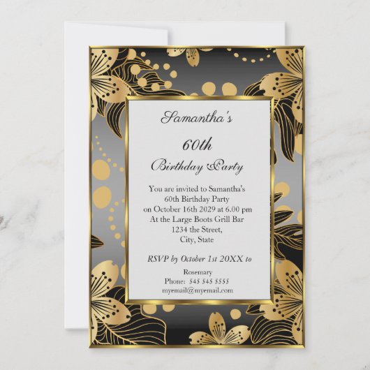 Elegant 60th Birthday Party Invitation Gold Grey Kaart (Voorkant)