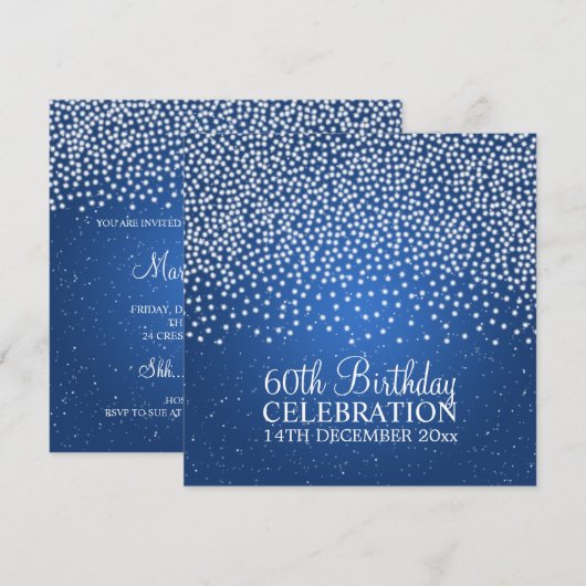 Elegant 60th Birthday Party Simple Sparkle Blue Kaart (Voorkant / Achterkant)