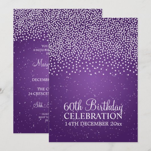 Elegant 60th Birthday Party Simple Sparkle Paars Kaart (Voorkant / Achterkant)