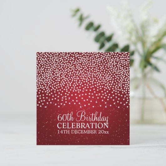 Elegant 60th Birthday Party Simple Sparkle Red Kaart (Staand voorkant)