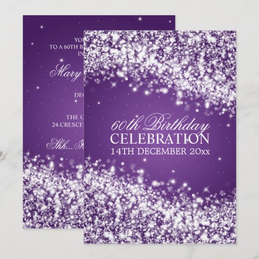Elegant 60th Birthday Party Sparging Wave Paars Kaart (Voorkant / Achterkant)