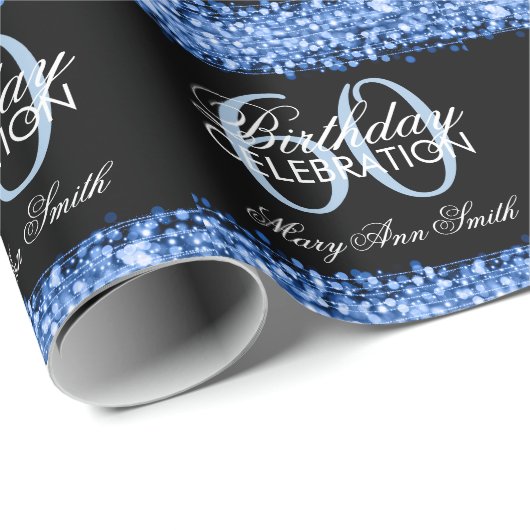 Elegant 60th Birthday Party Sparkles Blue Cadeaupapier (Rol Hoek)