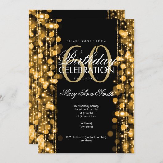 Elegant 60th Birthday Party Sparkles Gold Kaart (Voorkant / Achterkant)