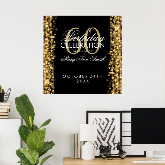 Elegant 60th Birthday Party Sparkles Gold Poster (Thuiskantoor)