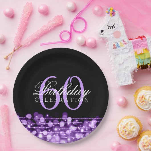 Elegant 60th Birthday Party Sparkles Paars Papieren Bordje (Feest)