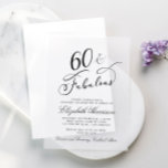 Elegant 60th Birthday Party Vellum Uitnodigingen<br><div class="desc">Verhoog haar 60e verjaardagsfeest met deze chique vellum-uitnodiging met "60 & Fabulous" en haar naam in elegante kalligrafiescripts en haar feestdetails in eenvoudige,  moderne typografie. Bedek het op haar favoriete foto voor een verfijnde en tijdloze touch.</div>