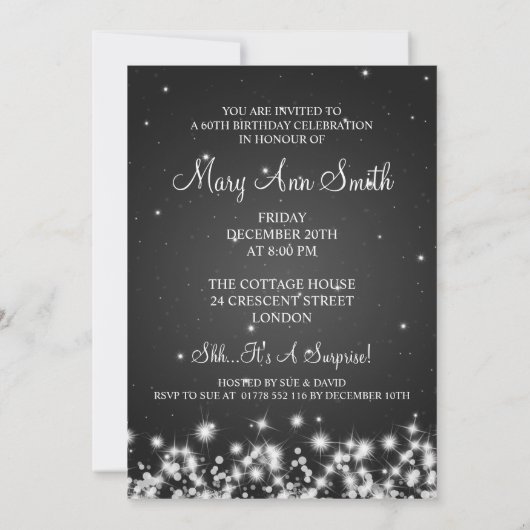 Elegant 60th Birthday Party Winter Sparkle Black Kaart (Achterkant)