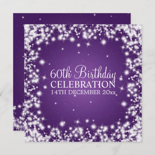 Elegant 60th Birthday Party Winter Sparkle Paars Kaart (Voorkant / Achterkant)