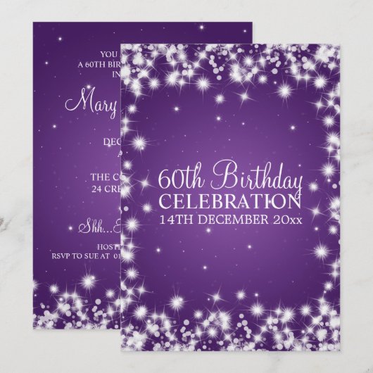 Elegant 60th Birthday Party Winter Sparkle Paars Kaart (Voorkant / Achterkant)