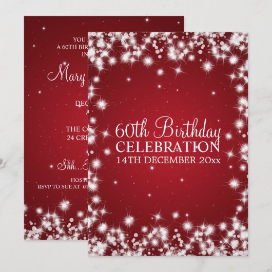 Elegant 60th Birthday Party Winter Sparkle Red Kaart (Voorkant / Achterkant)