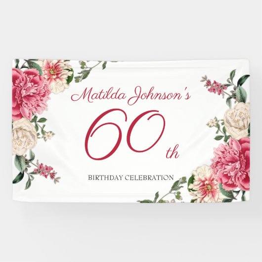 Elegant 60th Birthday Pink White Floral Botanical Spandoek (Horizontaal)