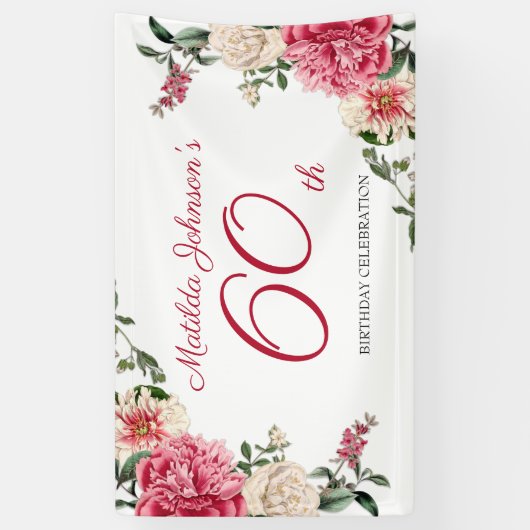 Elegant 60th Birthday Pink White Floral Botanical Spandoek (Verticaal)