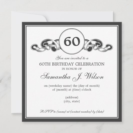 Elegant 60th Birthday Swirly Ribbon Black Kaart (Voorkant)