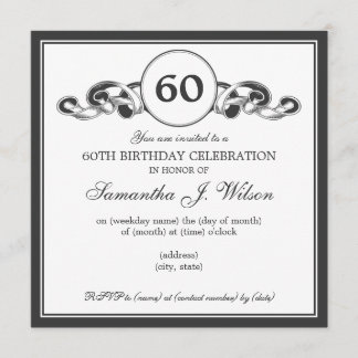 Elegant 60th Birthday Swirly Ribbon Black Kaart