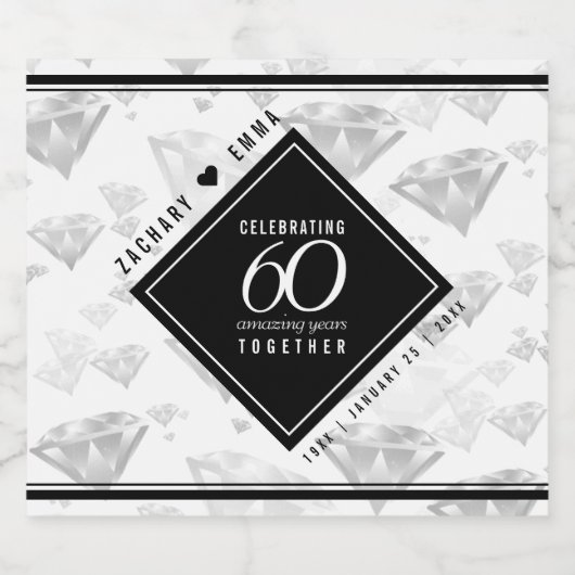 Elegant 60th Diamond Wedding Jubileum Sparkling Wijnetiket (Enkel label)