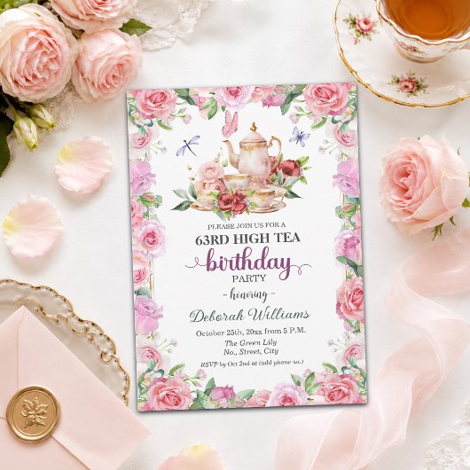 Elegant 63ste verjaardag high tea feestje kaart