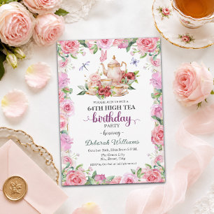 Elegant 64ste verjaardag high tea feestje kaart
