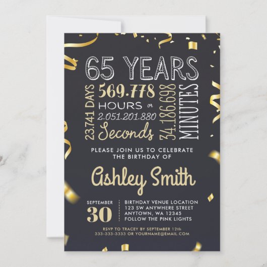 Elegant 65th Birthday Invitation Gold Glitter Kaart (Voorkant)