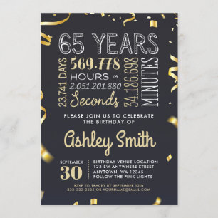 Elegant 65th Birthday Invitation Gold Glitter Kaart