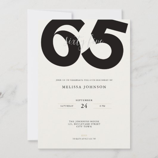Elegant 65th Birthday Invitation - Minimal Style Kaart (Voorkant)