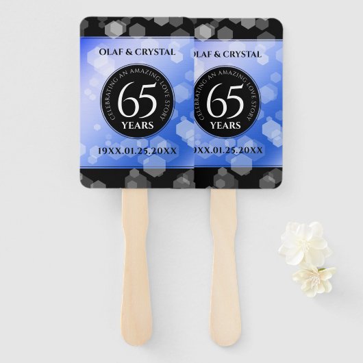 Elegant 65th Blue Sapphire Wedding Jubileum Handwaaier (Voorkant en achterkant)