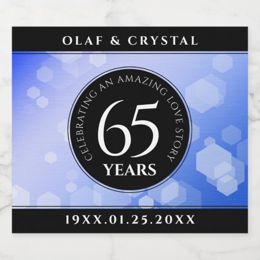 Elegant 65th Blue Sapphire Wedding Jubileum Sparkling Wijnetiket (Enkel label)